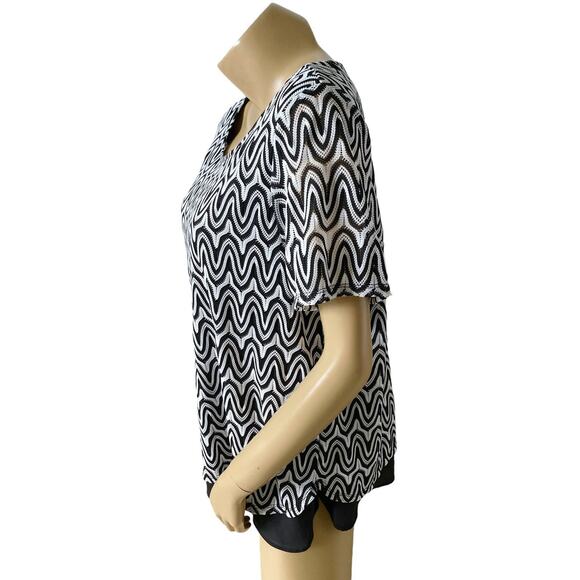 ALFRED DUNNER Womens Size Large Short Sleeve Lined Black White Scoop Neck Shirt - Picture 2 of 8